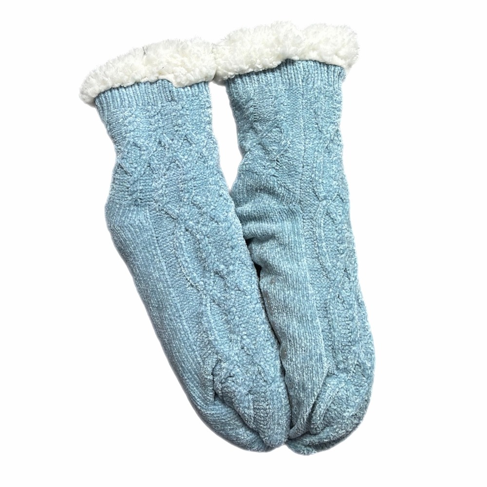 Muk Luks Womens Light Blue Cable Knit Faux Shearling Lined Slipper Socks new